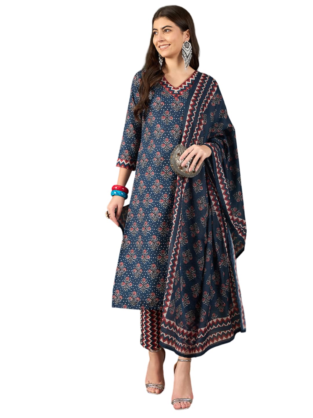 Shienzy Cotton Blend V Neck Kurta Pant Set With Dupatta For Women | Women Kurta Pant Sets With Dupatta (1607-1608) (Blue, L)
