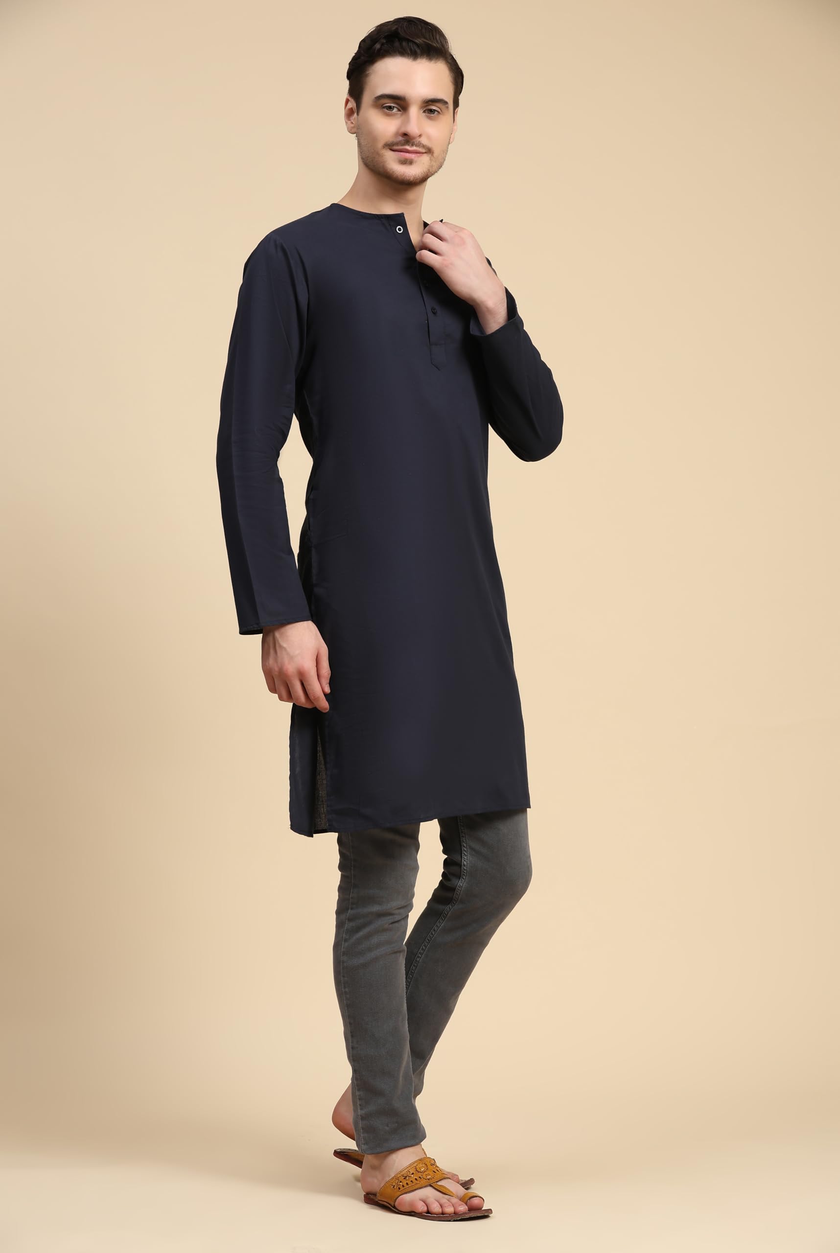 SKAVIJ Indiano Uomo Camicia Tunica Manica Lungo Etnica