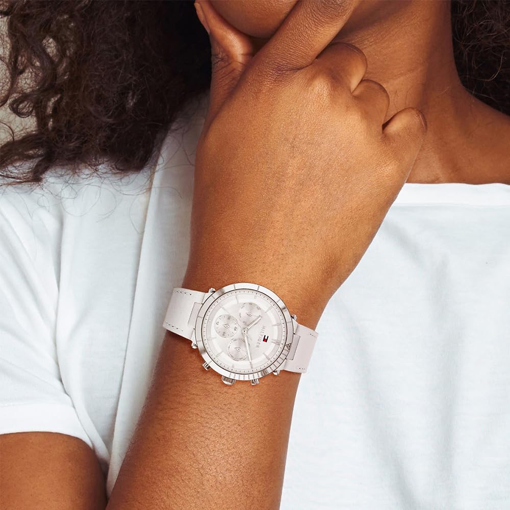 Tommy Hilfiger Multi Zifferblatt Quarz Uhr für Damen mit Weisses Lederarmband - 1782352