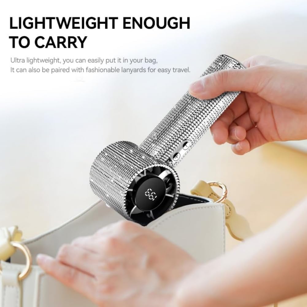 Diamond Portable Fan - Prosperousk Full Diamond Luxury Craftsmanship Portable Handheld Turbo Fan, 199 Gear Wind, Rechargeable with Digital Display for Outdoor Activities, Travel, Office (Silver*1)