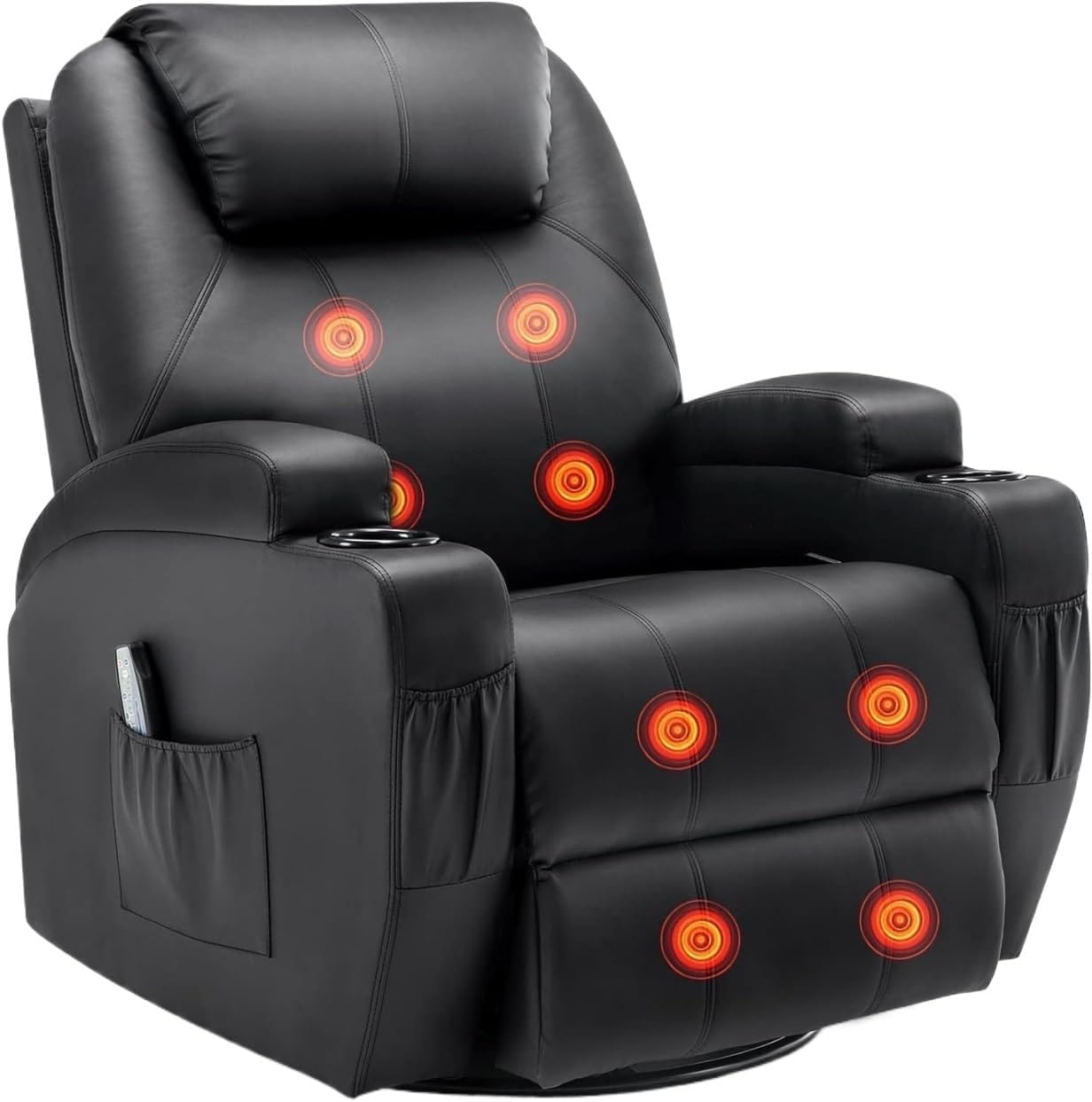 Swivel Rocker Recliner with Massage and Heat 8 Vibration Points Remote Control Lumbar Heating Faux Leather Padded High-Density Sponge 4 Side Pockets Dual Cup