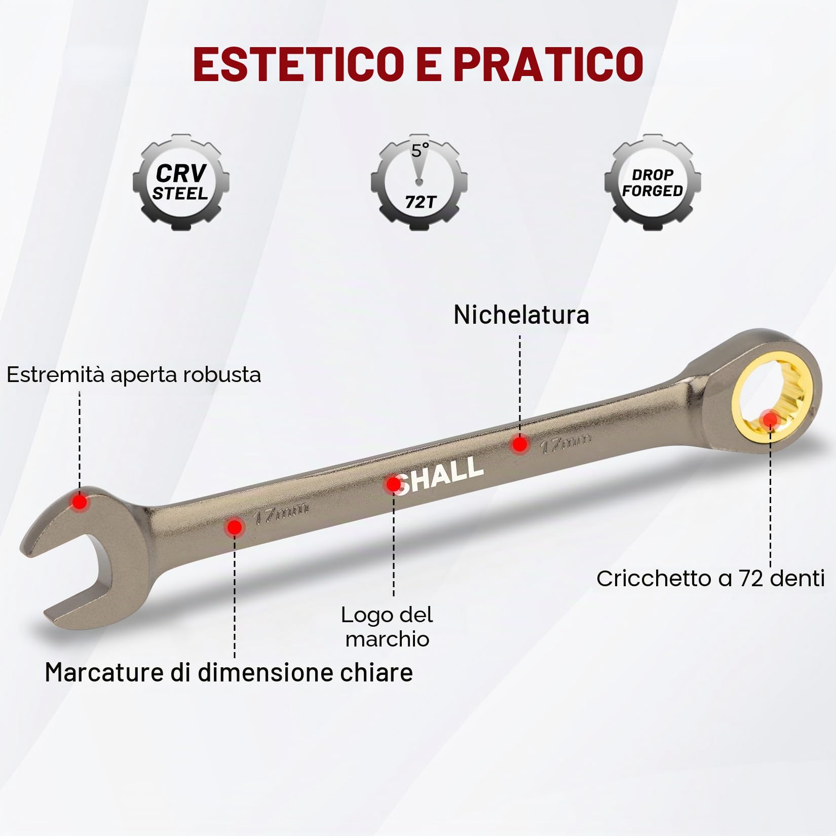 Shall Set di chiavi a cricchetto da 9 pezzi da 8-19 mm (8, 10, 11, 12, 13, 14, 15, 17, 19 mm), chiavi combinate a 72 denti, acciaio al cromo vanadio con finitura antiruggine e custodia per