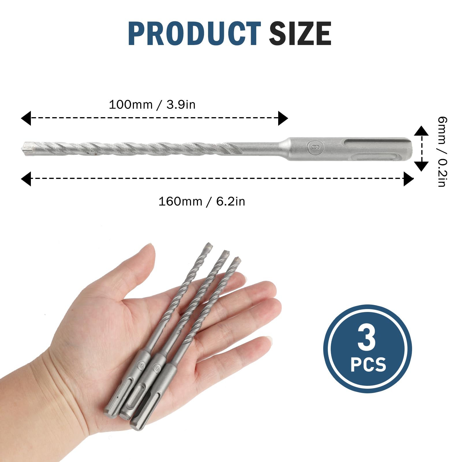 Zestaw 3 wierteł SDS PLUS 6 x 160 mm, wiertła do betonu z 4 krawędziami z węglika, idealne do wiercenia w kamieniu, betonie, kamieniu naturalnym, ścianie z cegły