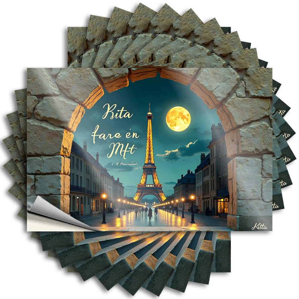 Men Stuff Bumper Stickers | Parisian Night: Moonlit Eiffel Tower Through an Archway Snarky for Billiards Decor(12X18CM)