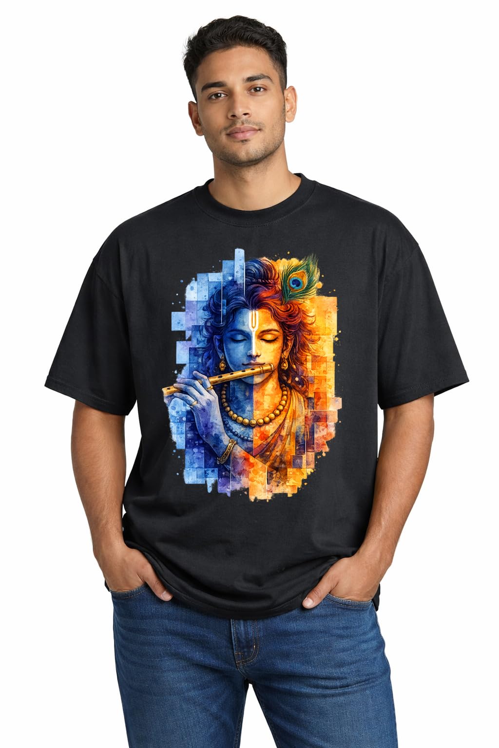 Men Cotton Blend Graphic Printed T-Shirt | Half Sleeve Round Neck Black Casual Wear with Artistic Lord Krishna Flute Design-picture-13