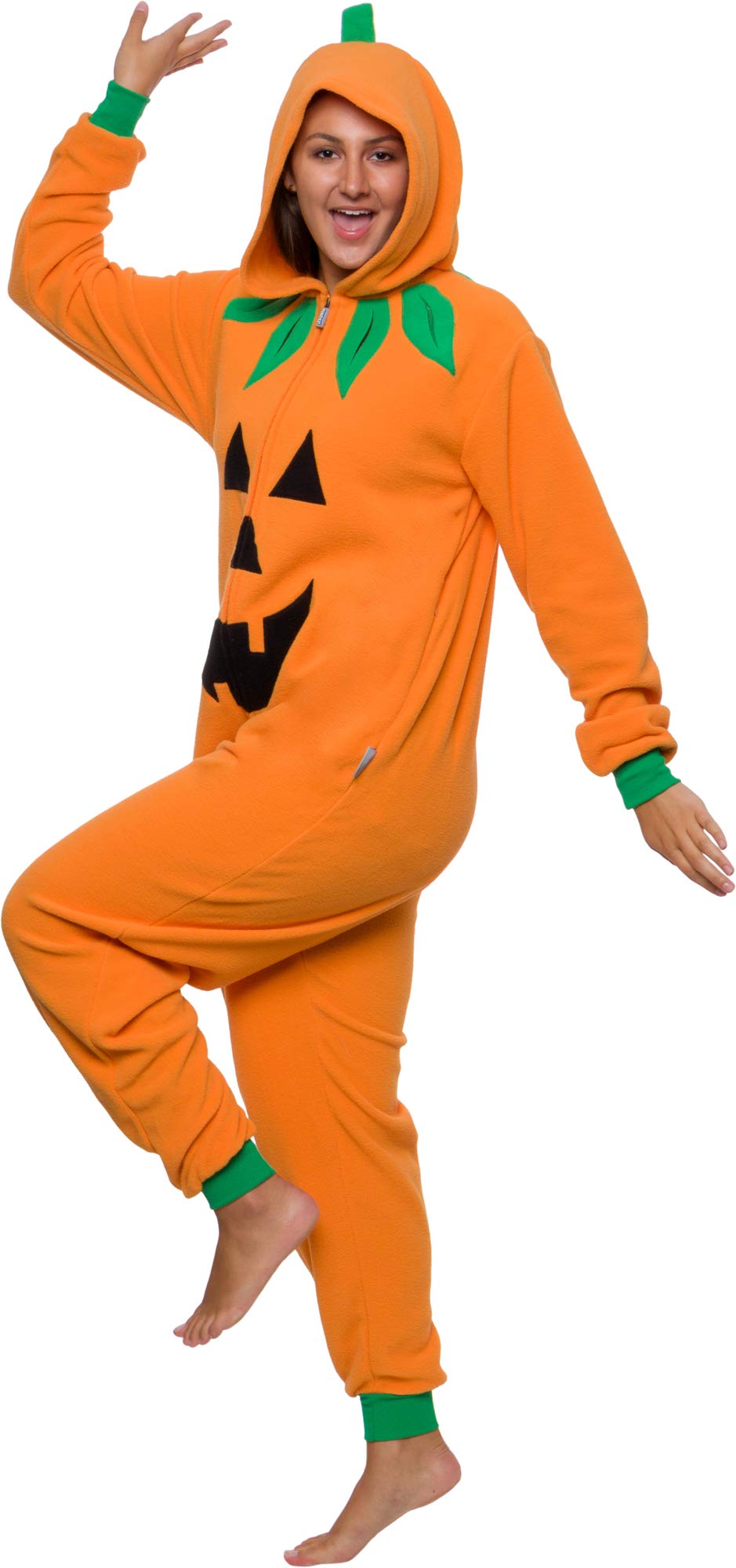 Funziez!Slim Pumpkin Adult Onesie - Jack O Lantern Halloween Costume - One Piece Cosplay Suit for Adults, Women and Men