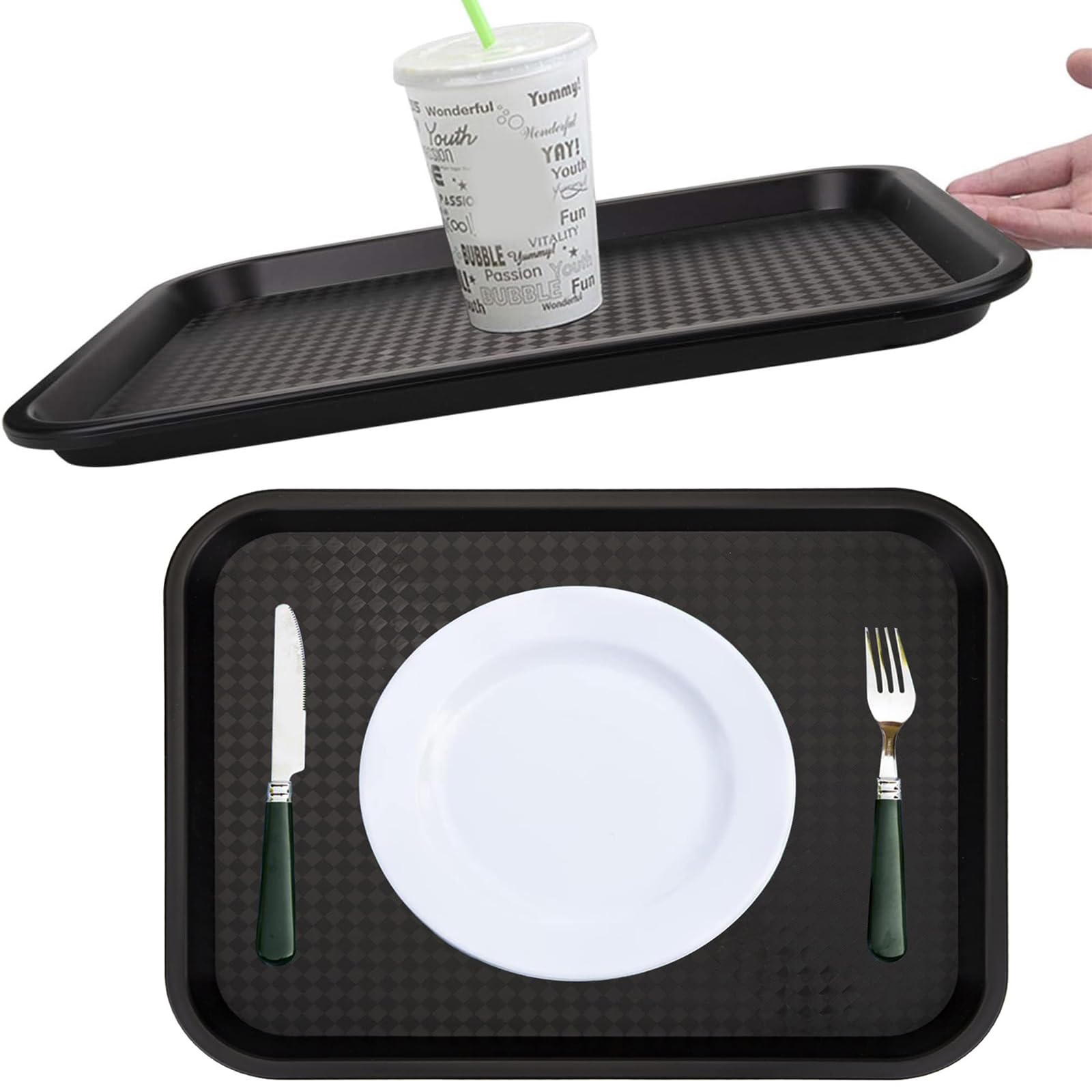Yarlung Fast-Food-Tablett, 34 x 26 cm, Kunststoff, Restaurant, Serviertablett, Cafeteria-Tabletts für Couchtisch, Küche, Party, Schwarz, 12 Stück