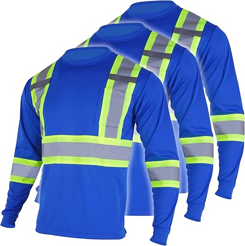 Miniatura 9 de FONIRRA Paquete de 3 camisetas de seguridad de manga larga reflectantes de alta visibilidad, camisa de trabajo de construcción ANSI clase 2 para