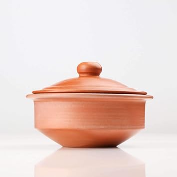 Swadeshi Blessings Exclusive Range Unglazed Earthen Dahi Handi/Curd Pot/Mitti Handi/Clay Pot with Lid, Also for Serving with Natural White Firing Shade Red Round 1 Litres