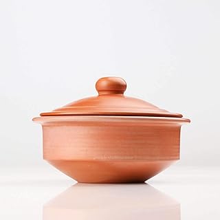 Swadeshi Blessings Exclusive Range Unglazed Earthen Dahi Handi/Curd Pot/Mitti Handi/Clay Pot with Lid, Also for Serving (with Natural White Firing Shade) (Red Round 1 Litres)