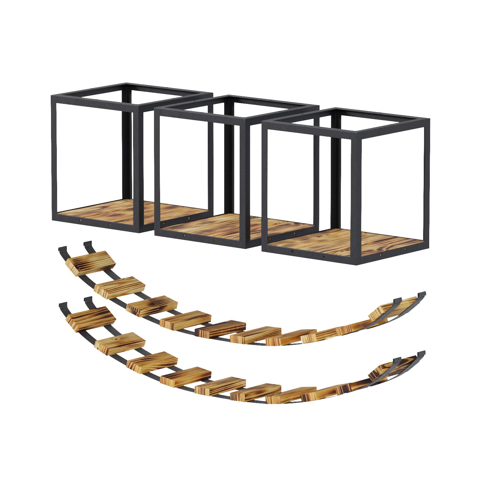 QLS Set arrampicata gatti legno/acciaio da soffitto loft | Con 2 ponti e 3 lettini per arrampicarsi, osservare e riposare, combinabile ed espandibile