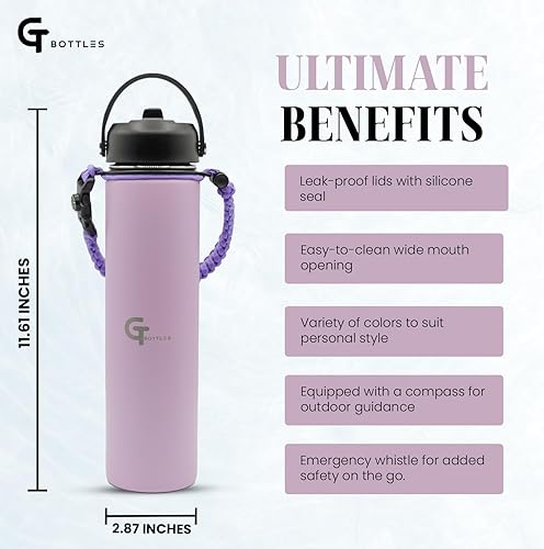 Miniatura 2 de Botella de agua de boca ancha aislada al vacío de acero inoxidable de 25 onzas con 3 tapas y mango de paracaídas para bebidas calientes y frías