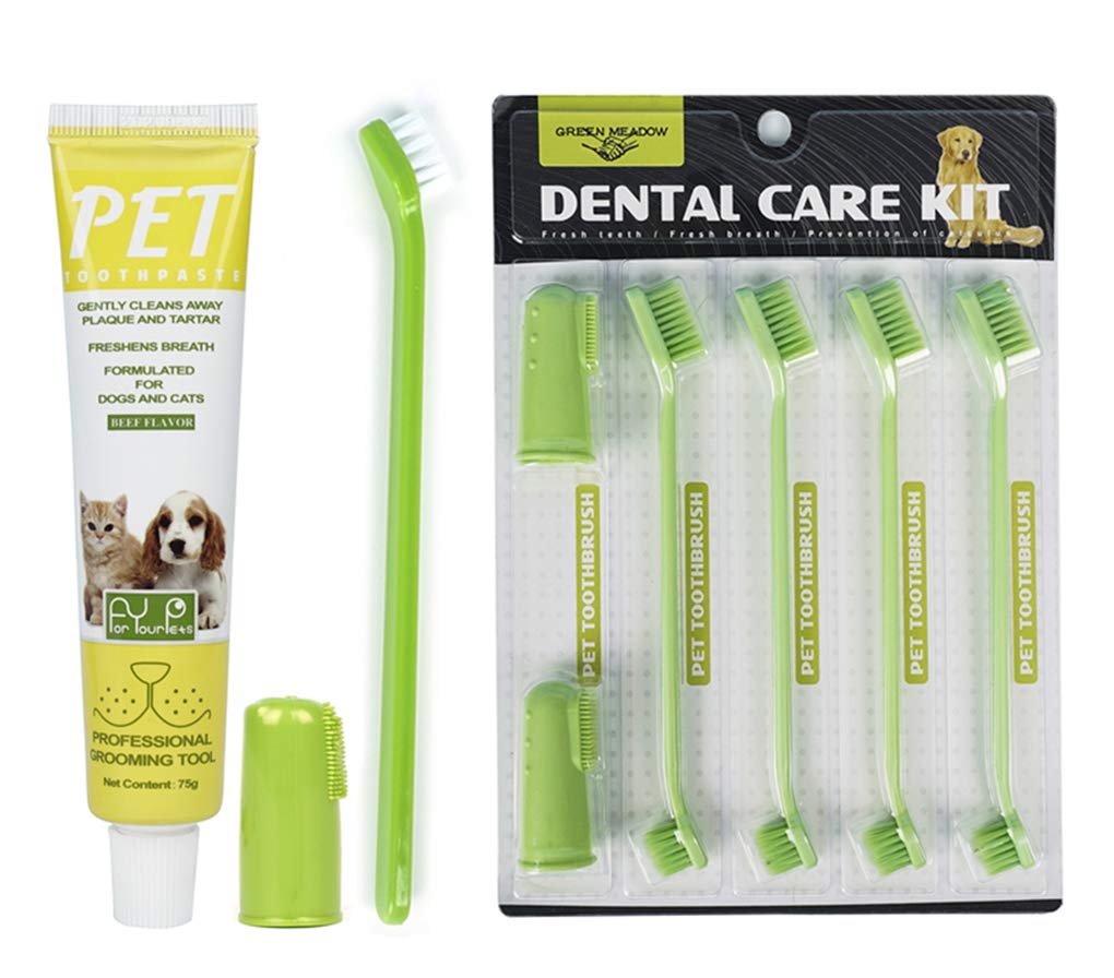 Dolzzeiy Dog Dental Care Kit Pet Oral Care Kit. One Pack-Beef Flavor Toothpaste with Long Toothbrush and Finger Toothbrush, One Pack-2…