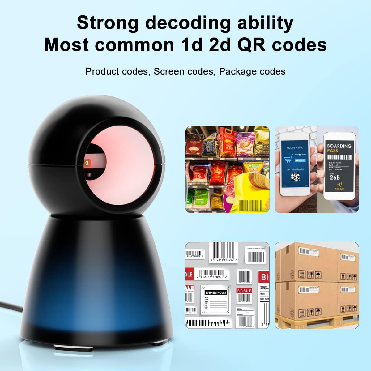 Handsfree 2D QR Barcode Scanner, TEEMI USB Wired Omnidirectional Desktop Bar Code Reader Scanner Screen Scanning CMOS Imager Presentation Bar Code Reader Compact Size, TMSL-73