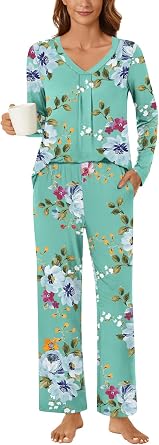 Bestbee Womens Pajama Set, 2 Piece Lounge Outfits V Neck Sleepwear Fall Long Sleeve Long Pants With Pockets Ladies Pjs