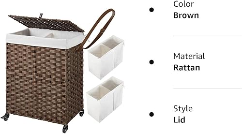 Miniatura 9 de GREENSTELL Cesto para ropa sucia con ruedas, no necesita instalación, cestas tejidas a mano divididas de 90 litros y 2 bolsas de forro extraíbles,