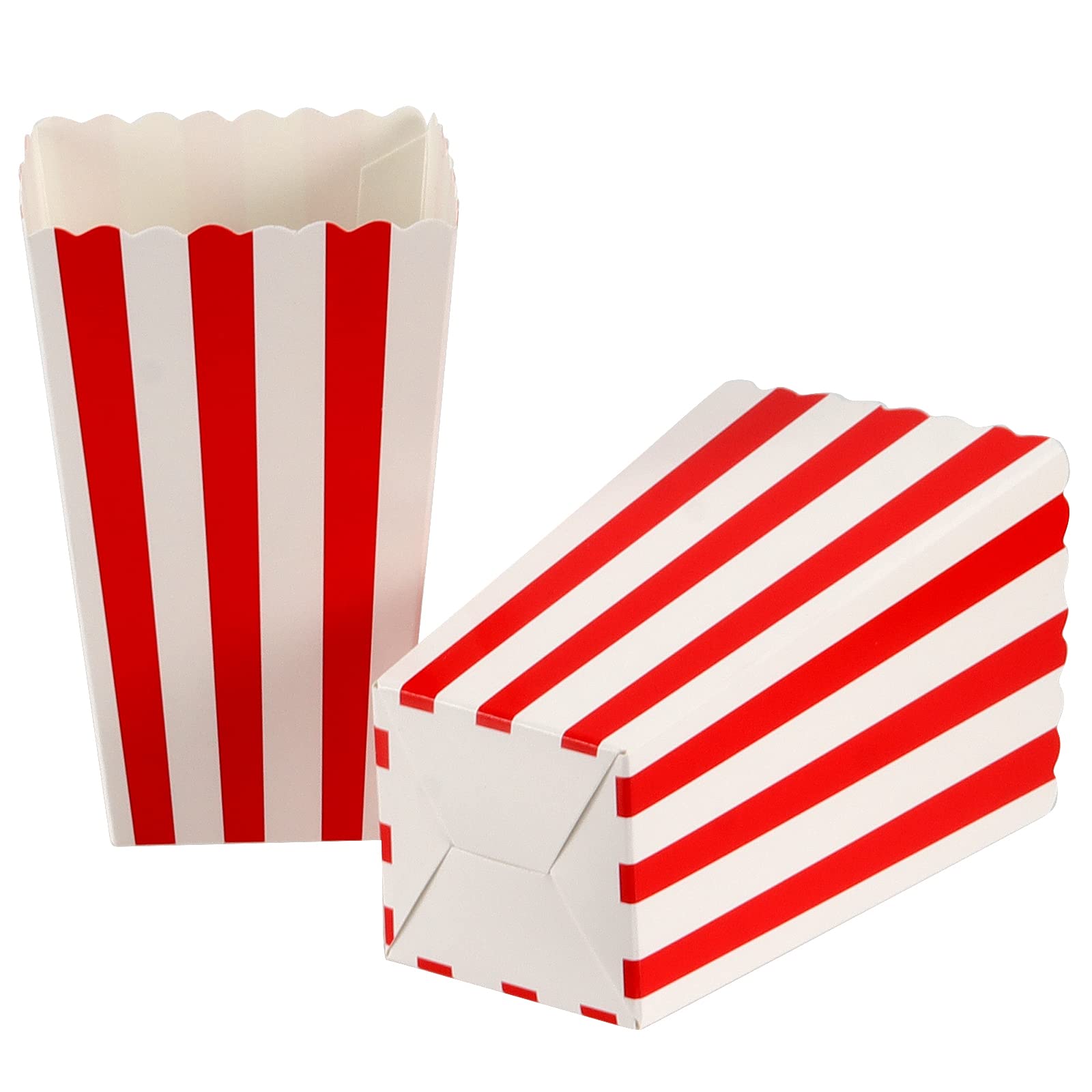 SEUNMUK 120 boîtes de pop-corn en papier rayé, 280 g/m², mini sacs de pop-corn en carton, petites boîtes de bonbons en papier, pour les soirées cinéma, les fêtes, les mariages, rouge et blanc.