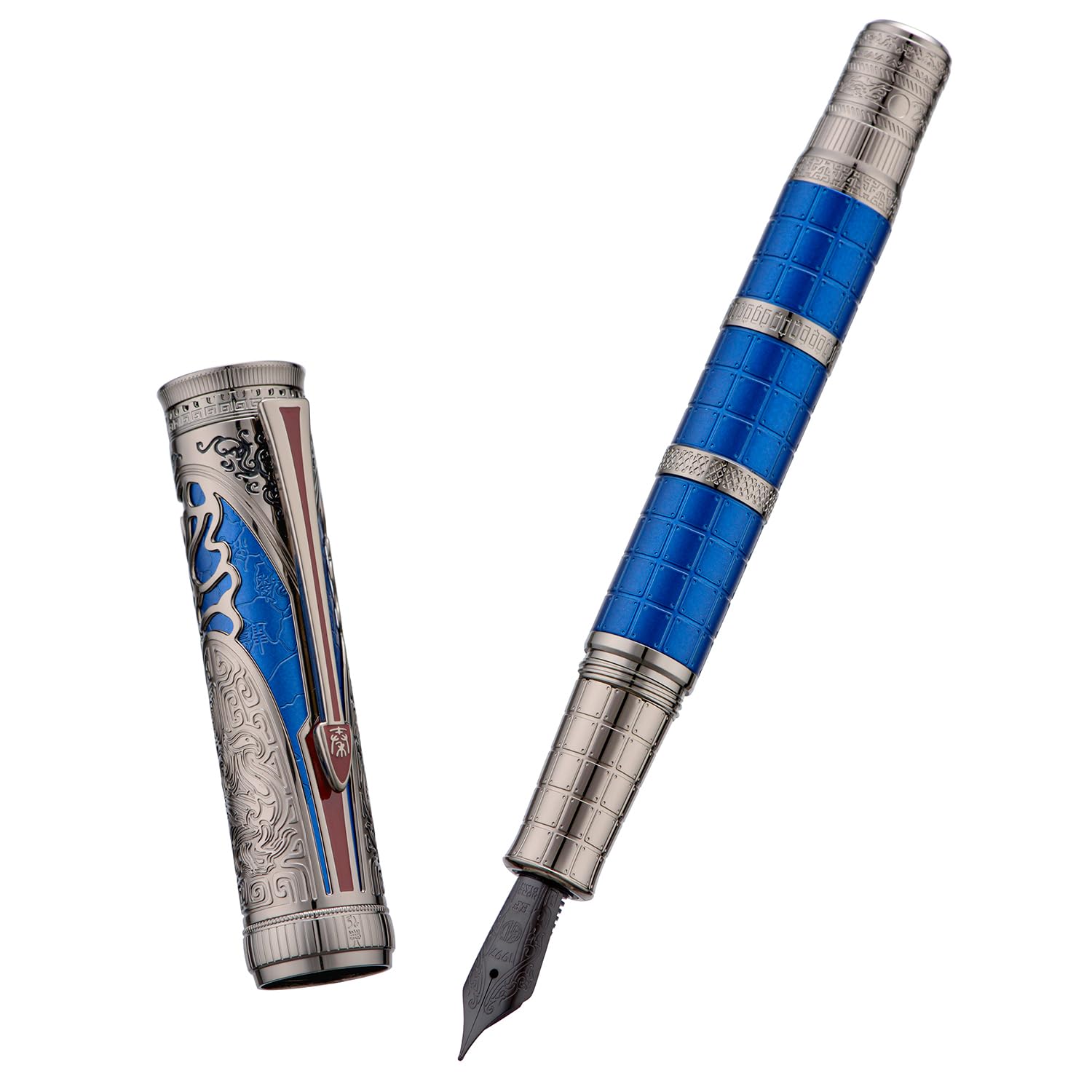 Hongdian D5X Fountain Pen Blue Color Extra Fine Nib, Qin Dynasty Retro Chinese Totem Engraving Smooth Writing Pen with Converter and Pen Box Set - Image 3