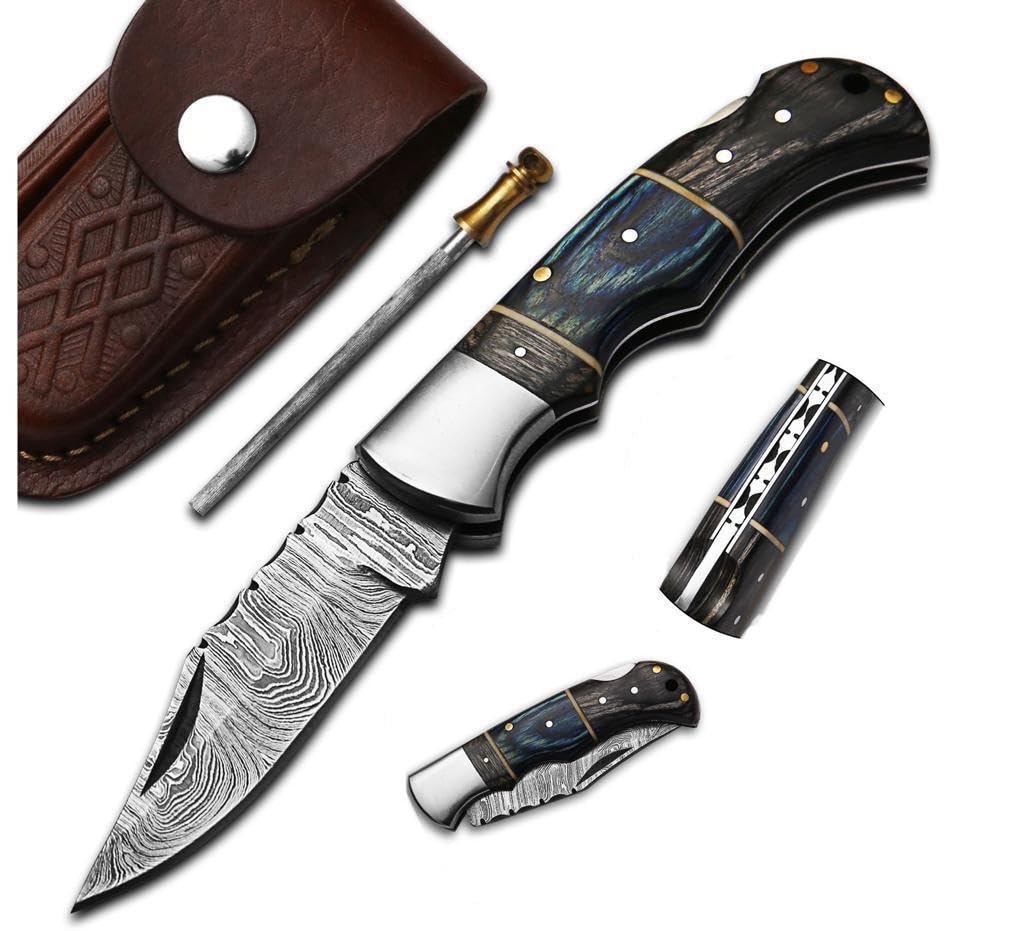 Handmade Damascus Pocket Knife for Men - 6.5 Inches Damascus Folding Knife with Sheath - Pocket Knives and Folding Knives with Back Lock - Best for EDC, Camping, Fishing and Hiking, Blue, HA777