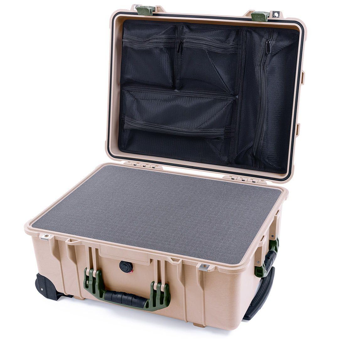 ColorCase Pelican Protector 1560 Case Desert Tan - Waterproof Case with Pick & Pluck Foam & Mesh Lid Organizer - OD Green Handles & Latches