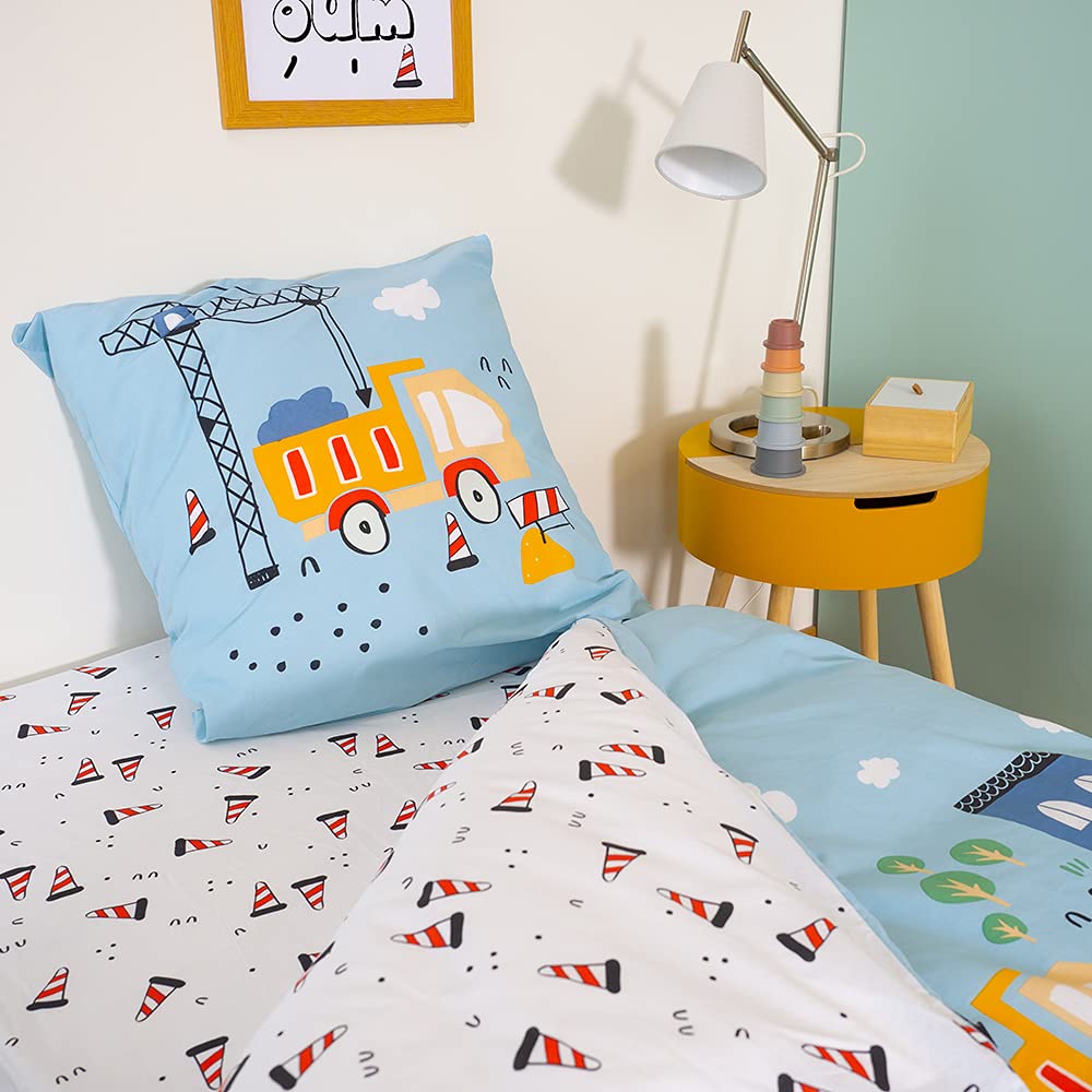 CÔTE DECO Parure da letto per bambini, reversibile, camion e trattore, blu, copripiumino 140 x 200 cm + 1 federa 63 x 63 cm, 100% cotone