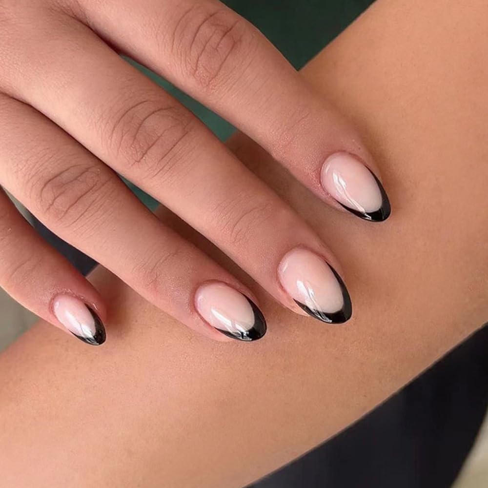 ANDGING Black French Tip Press on Nails - Almond Short Fake Nails with fake Acrylic fake & Designs Gel Classy Manicure for Women, Girls, Stick-Ons for