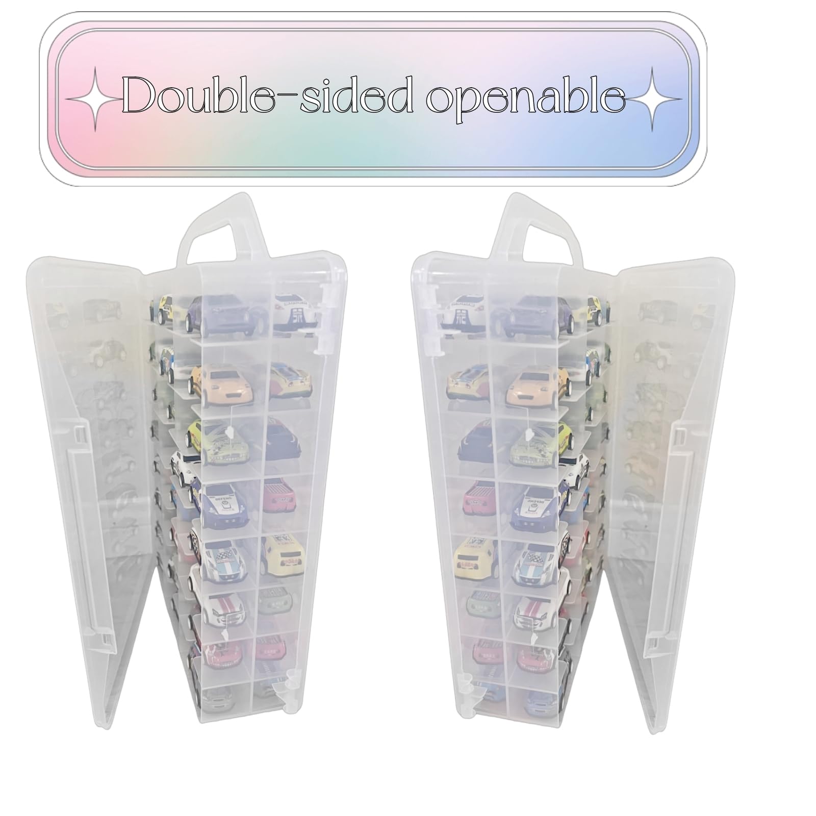 Chfeirno Carrying Cases Compatible with 48 Hot Wheels,Double Sided Storage Box for Matchbox Cars,Portable Transparent Toy Car Storage Case with 46 Slot,Case Only (Transparent)