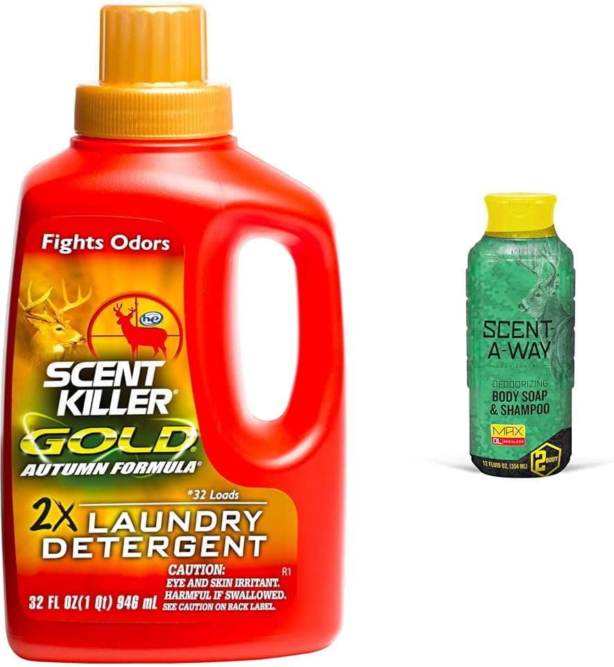 Wildlife Research Center Scent Killer Gold Autumn Formula Odor Eliminator Laundry Detergent for Hunting Gear, 32 Fluid Ounces & Hunters Specialties Scent-A-Way MAX 32oz Liquid Body Soap & Shampoo