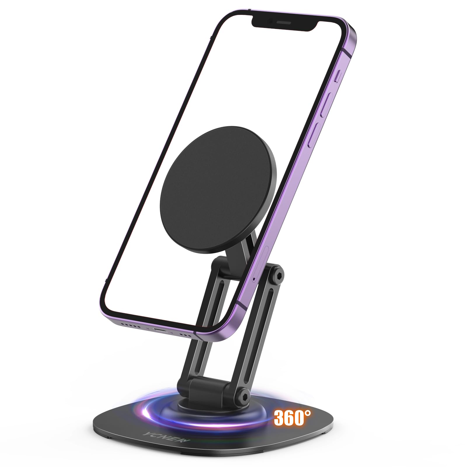 Magnetic Phone Stand for Desk with 360° Rotation, Three-Hinge Adjustable & Foldable Metal Phone Holder, Compatible with iPhone 15 14 13 12 Series and MagSafe Case (Black), medium, YCN-SP02