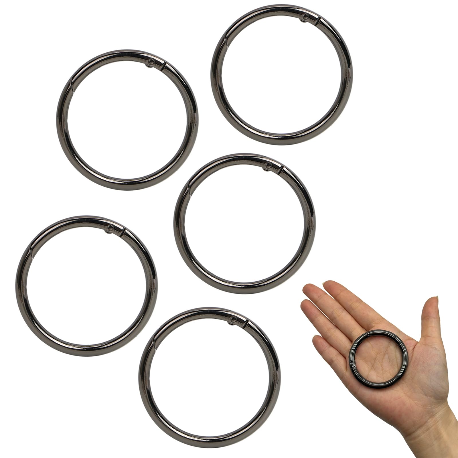 5 moschettoni rotondi, 61 mm OD, 50 mm ID, molto robusti, in lega di zinco, moschettone, rotondi, per borsa, portachiavi, fai da te (nero)