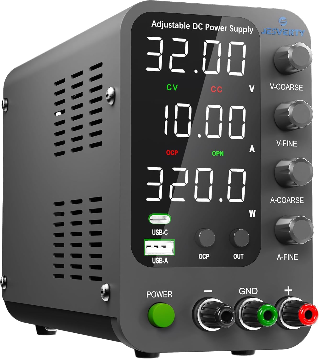 Alimentatore CC variabile, alimentatore da banco commutabile 32V,10A con ricarica rapida USB e Type-C da 20W, manopola di regolazione fine e di corasione dell'encoder, interruttore di uscita SPS-3010V