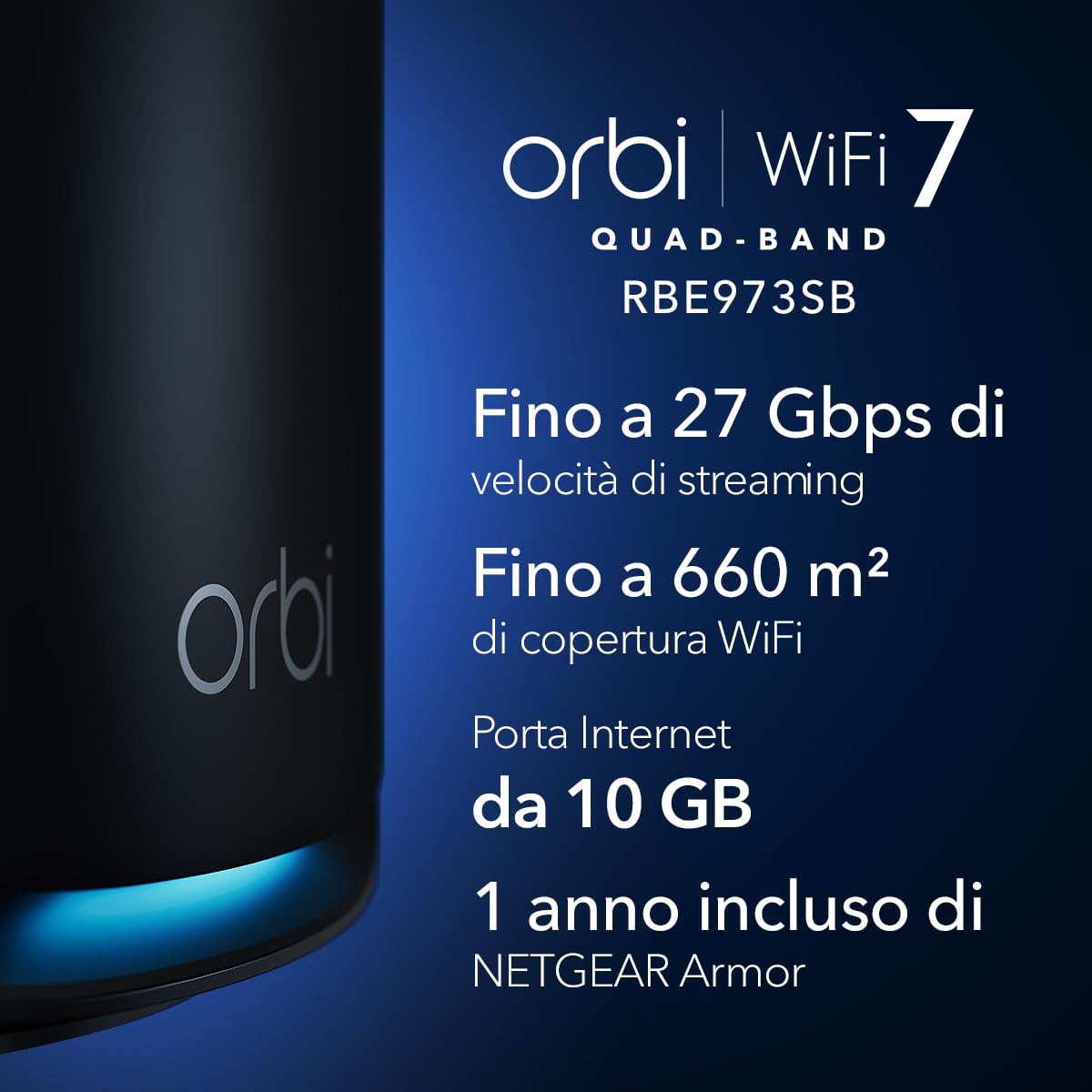 NETGEAR WiFi 7 Orbi WiFi Mesh quad-band serie 970 (RBE973SB) Black Edition - Router + 2 satelliti, funzioni di sicurezza, fino a 27 Gbps, copertura di 660 m2, 200 dispositivi, porta Internet da 10 Gig