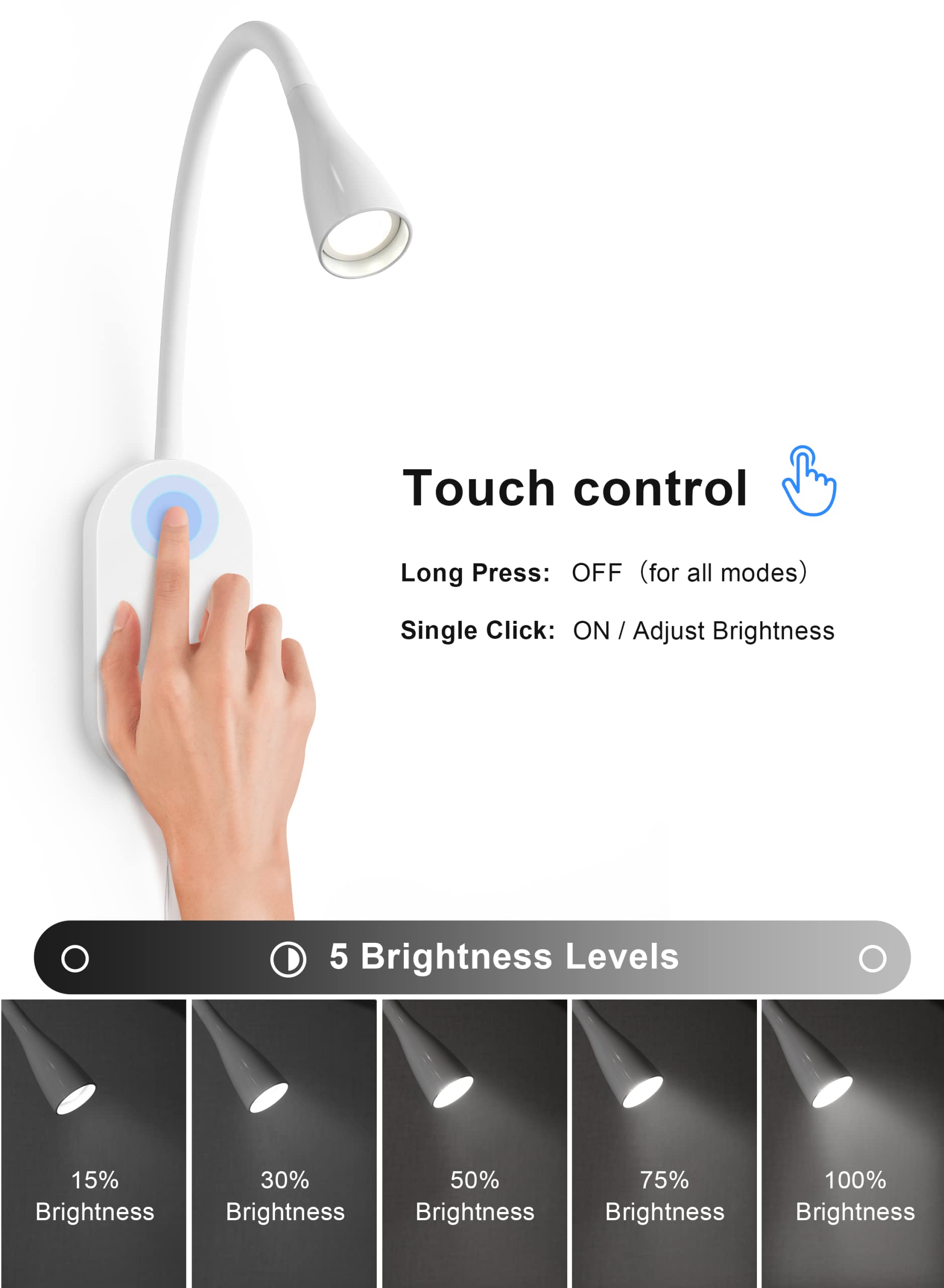 deeloop LED Wall Mount Reading Light for Bed, Reading Lamp with USB Output 5 Brightness Levels Touch Control Book Lights, 4000K Bedside Lamp Flexible Gooseneck, 2 Easy Install Options