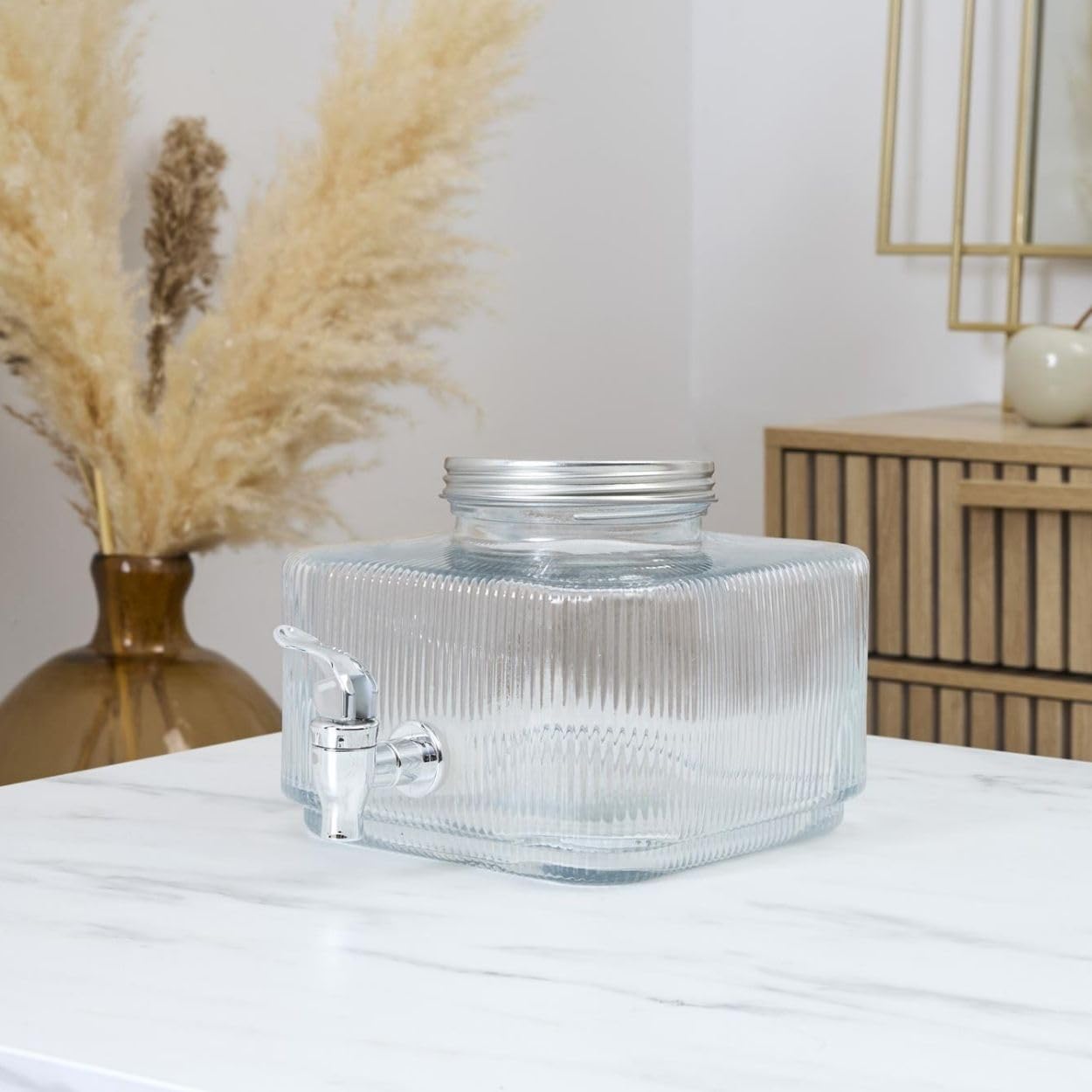 Dispensador de bebidas de cristal, dispensador de agua, 3 l, con grifo, dispensador de zumo, dispensador de limonada, recipiente para bebidas con tapa, cuadrado estriado