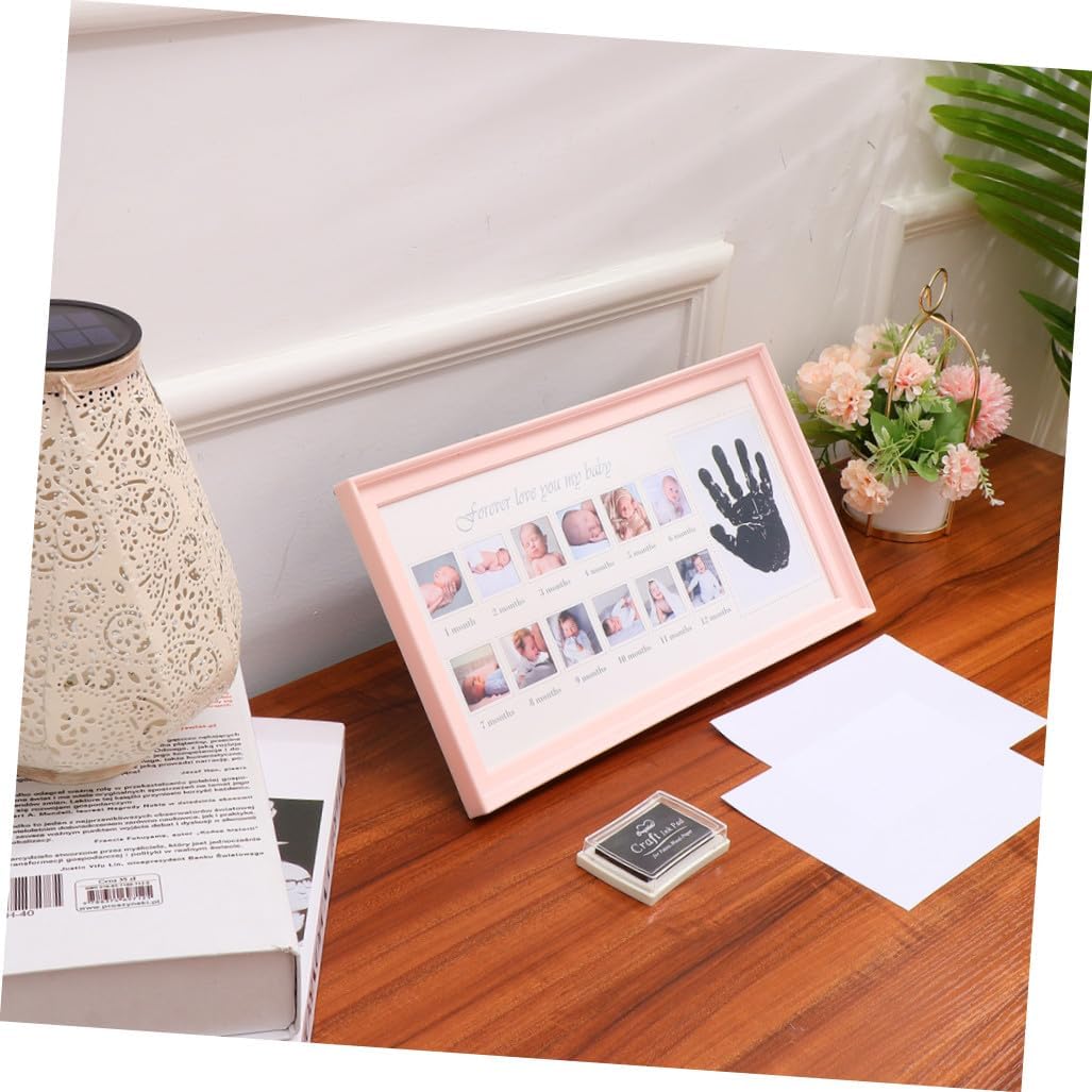Growth Record Photo Frame with 12-month Handprint and Footprint Keepsake, Pink Memory Picture Frame for Newborns, Nursery Wall Décor Gift for Babies