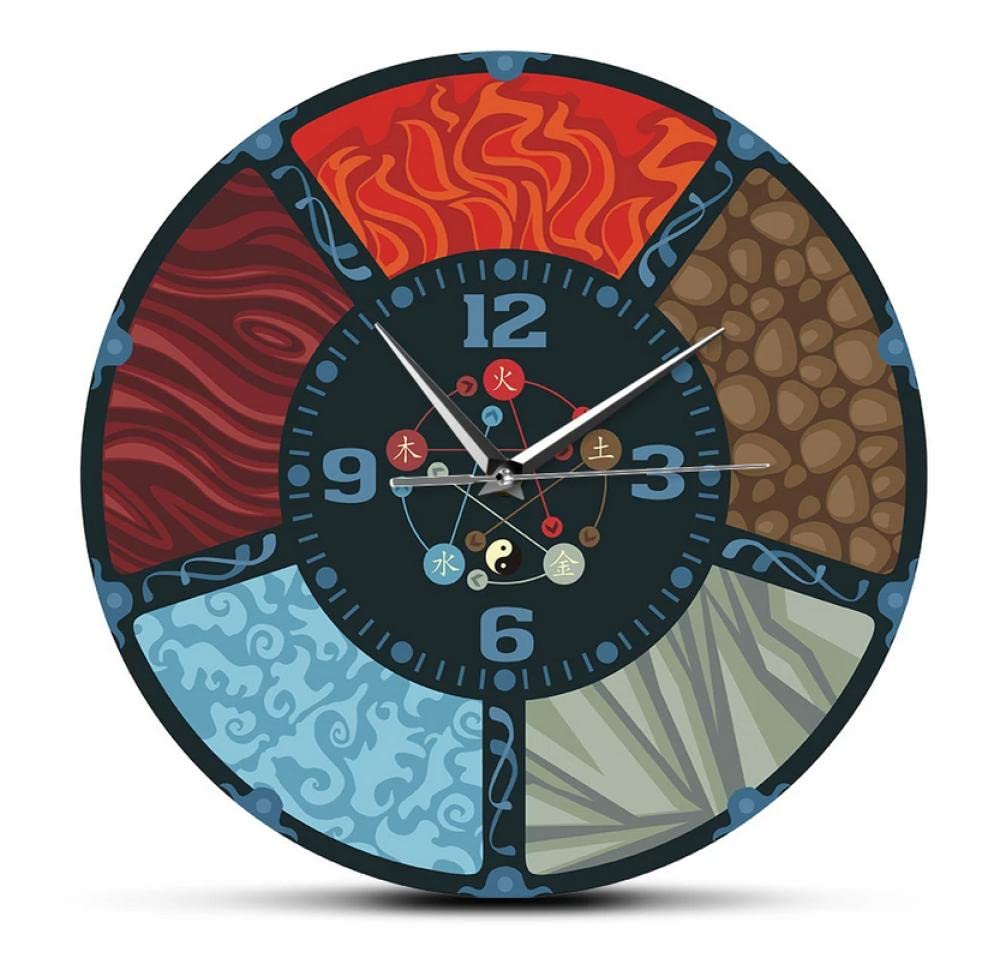 XUSANSHI 12" Decorative Clock The Five Elements Cycle Chinese Wu Xing Feng Shui Wall Clock Minimalistic Natural Elements Yin Yang Wall Art Silent Wall Watch