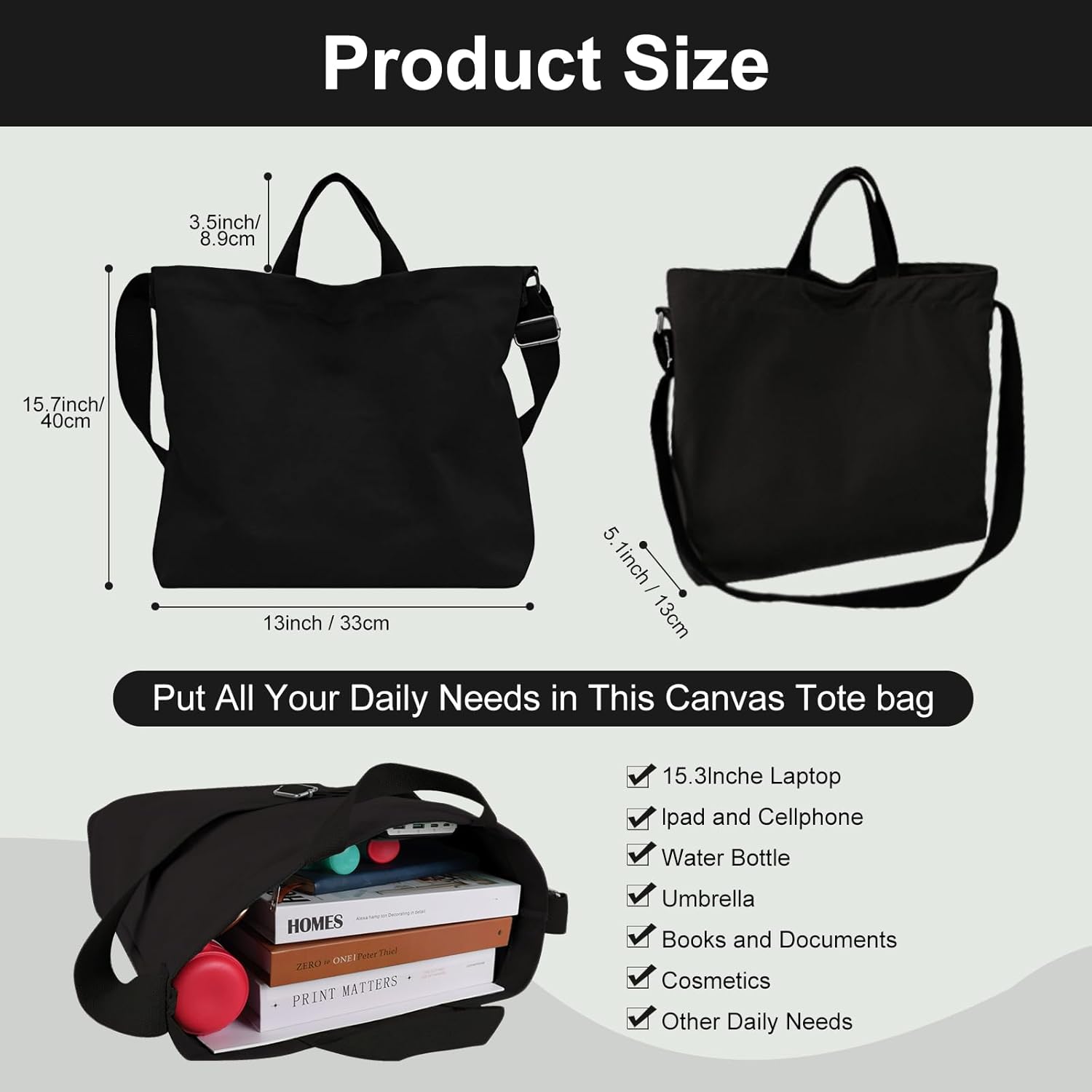 Women's Canvas Tote Bag inside Out Bag with Adjustable Crossbody Strap for Work Travel Shopping Durable Handbag for Men - Image 3