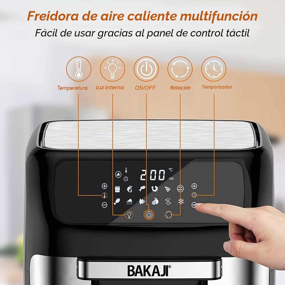 Bakaji Horno freidora de aire caliente para freír cocina parrilla seca sin aceite Airfryer capacidad 12 litros pantalla LED táctil 12 programas temporizador regulación temperatura potencia 1800 W