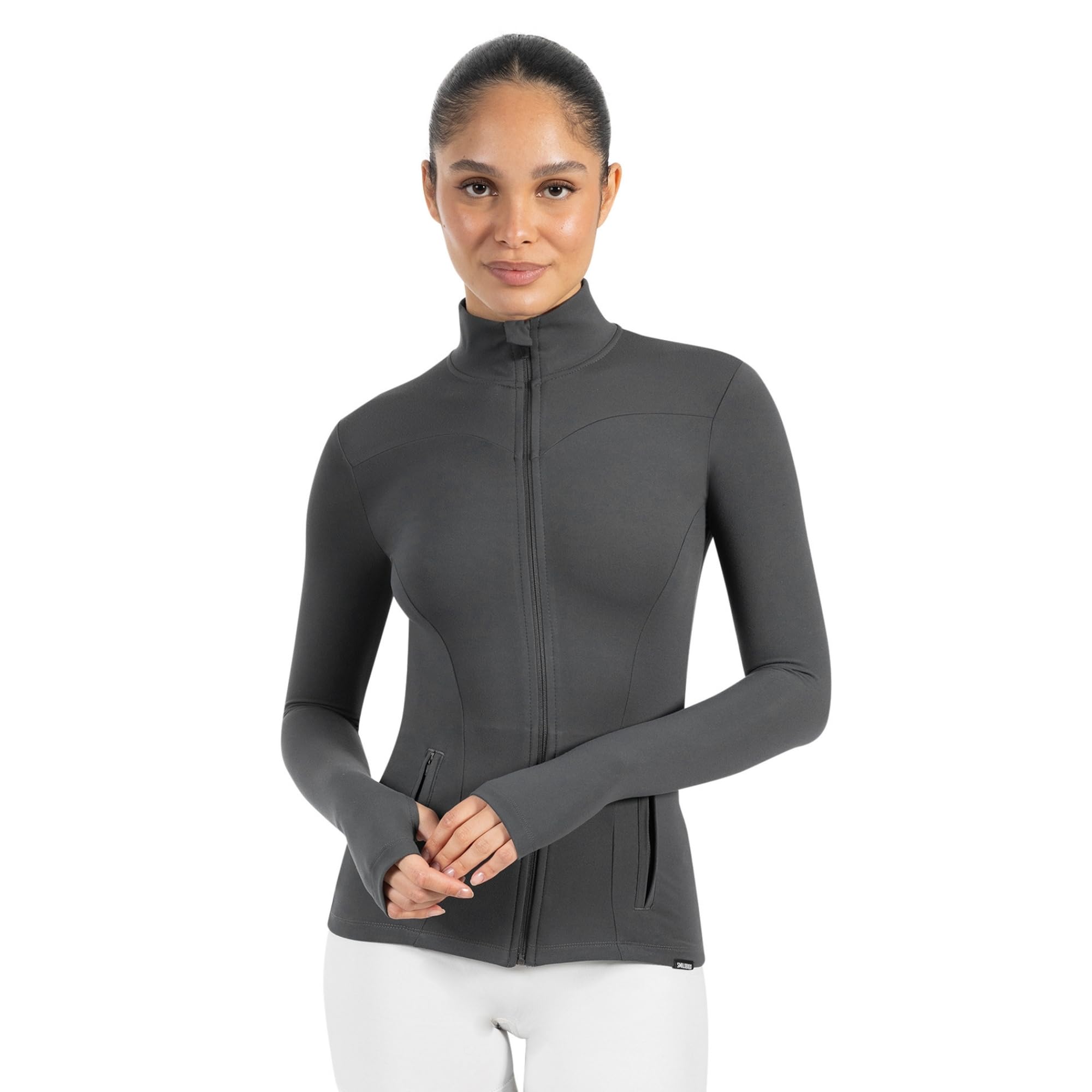 SMILODOX Sportjacke Damen Kenna, Laufjacke mit Stehkragen, Sport Oberteil mit tailliertem Schnitt & Daumenlöchern, Körperbetonte Sportjacke, Fitness Oberteil ideal für Freizeit, Sport, Laufen & Yoga