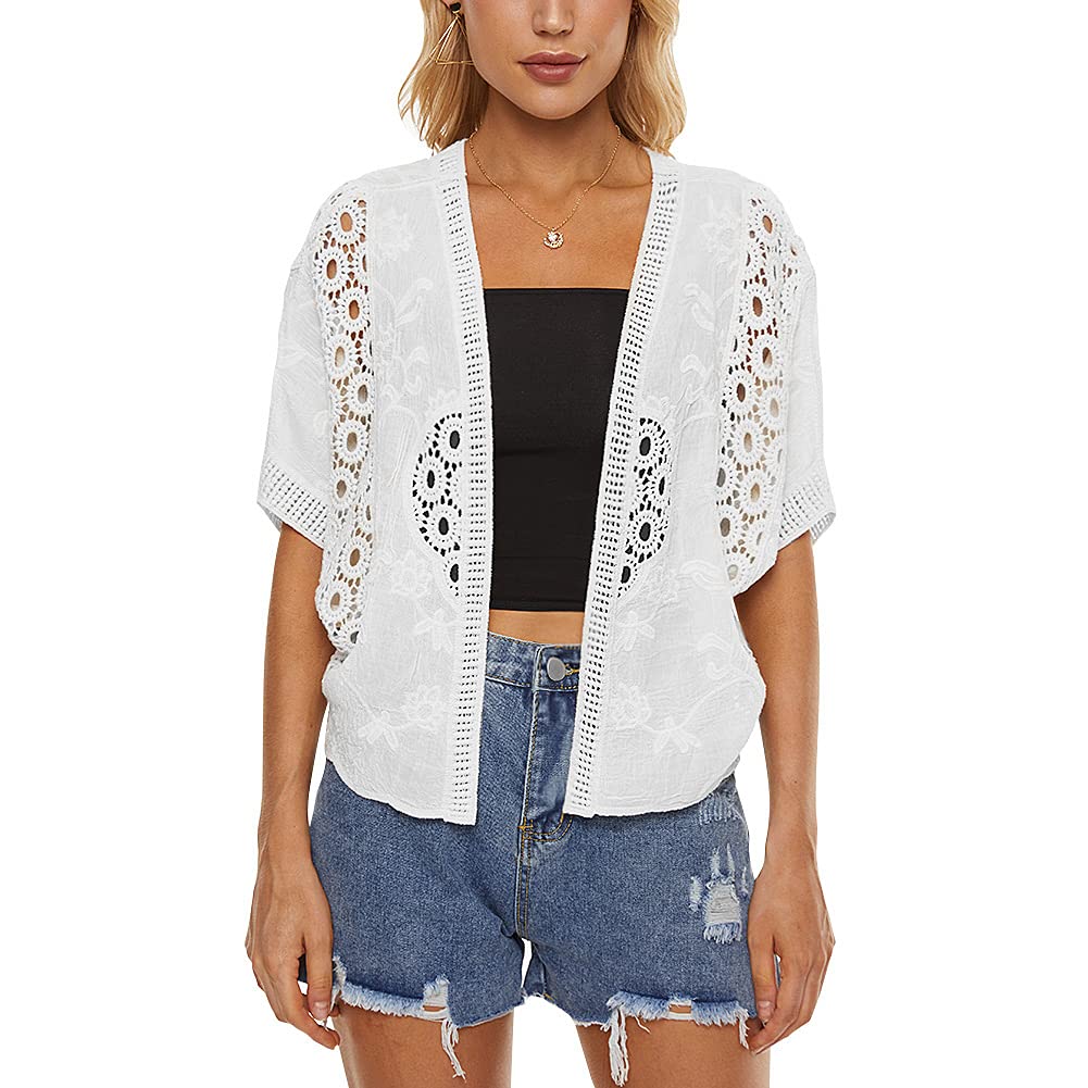Women's Short Sleeve Bolero Shrugs Crochet Lace Open Cardigan, White-b, One Size