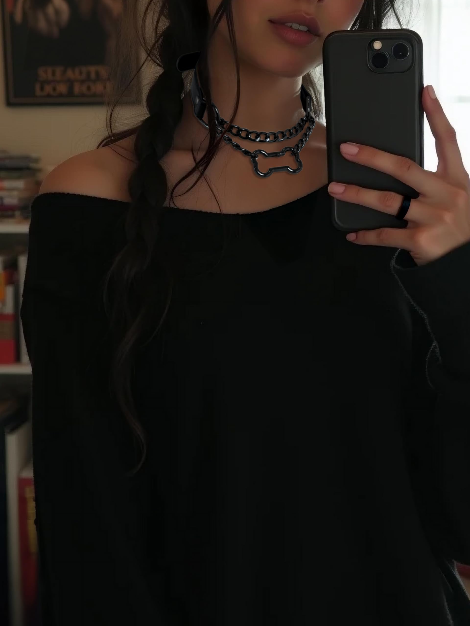 EverGlimp Gothic Slip Chain Choker Collar For Women, Black Vegan Leather Choker with Removable Bone Clasp, Adjustable Buckle Strap, Punk Alloy Chain, Party Statement Necklace: Black-GOLD