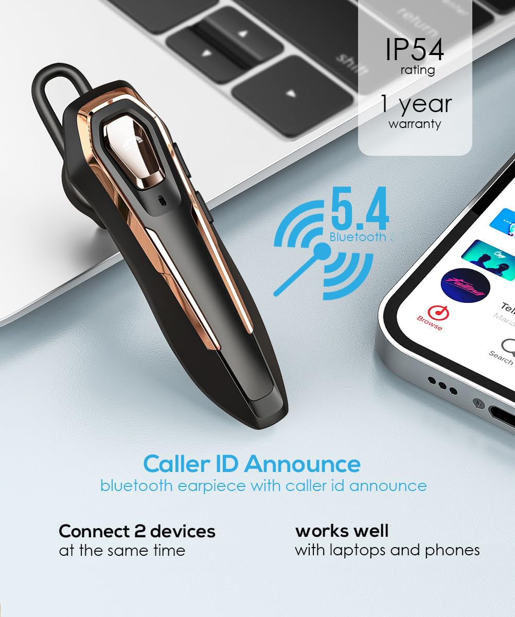 Auricolare Bluetooth Mono V5.4 con Cancellazione Rumore Microfono, 36 Ore di Autonomia, Connessione a due Dispositivi, Ideale per Guida, Ufficio e Telefonate Business