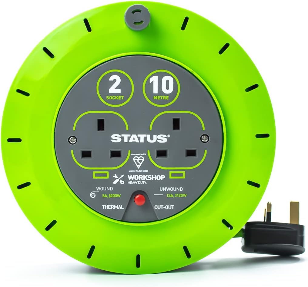 STATUS 2 Socket Cable Reel 10m Green Extension Lead 13A with