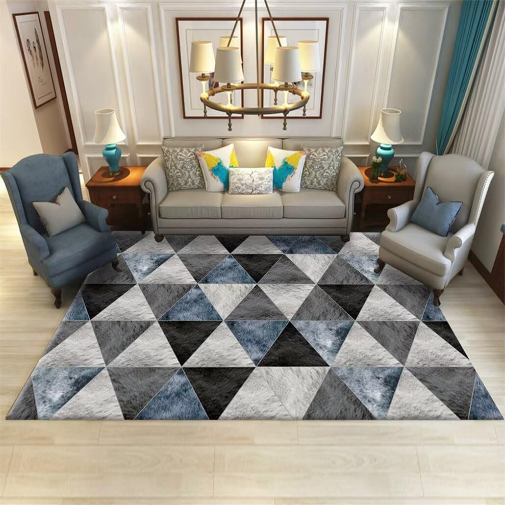 Tapis de salon à poils courts gris et bleu 90x180 cm avec motif géométrique moderne