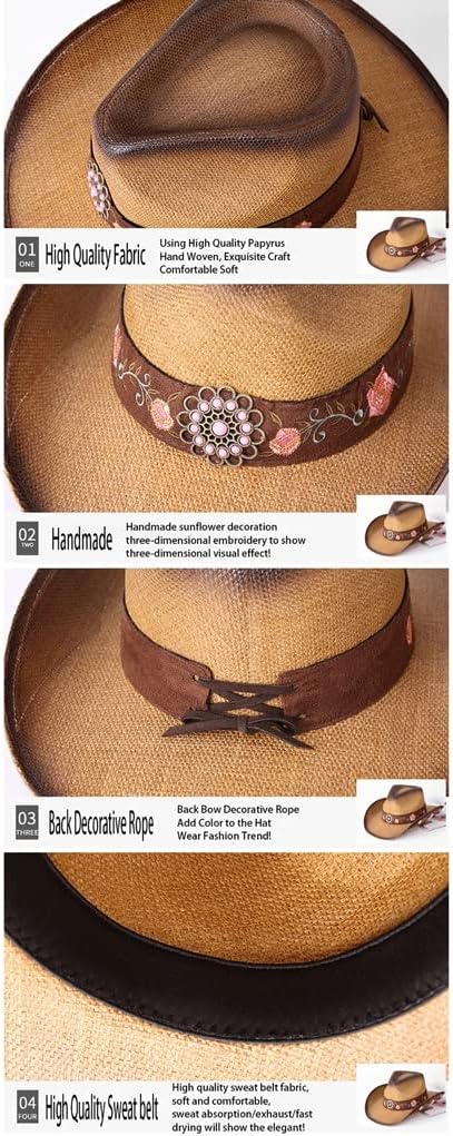 Flowers Embroidery Sun Hats for Women Western Cowboy Cap Elegant Cowgirl Vintage Sombrero Caps Beach Hat