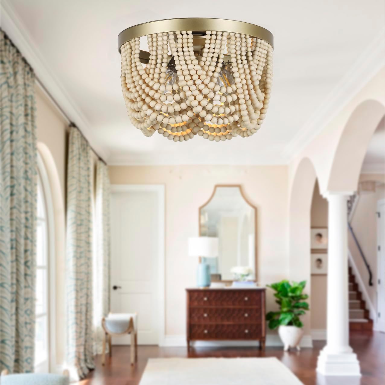 Bohemia Wood Beaded Chandelier, 3-Light Boho Light Fixture, 12.6inch Boho Chandelier Flush Mount Ceiling Light Fixtures for Dining Room, Bedroom, Living Room, Nursery, Girl Room, Hallway and Entryway