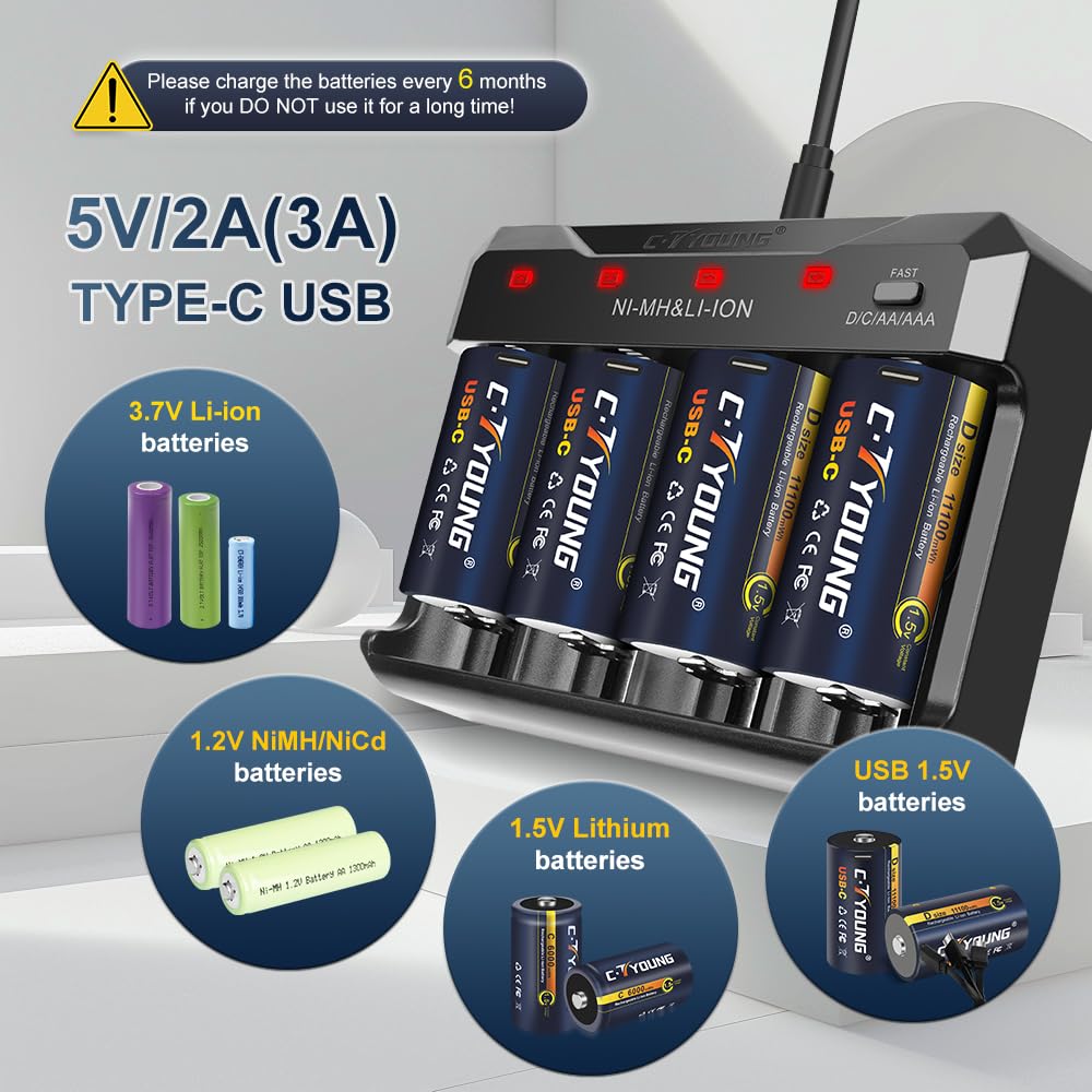 Wiederaufladbare D Batterien, 4er-Pack, 1,5V Lithium, 11000mWh | USB Typ-C Universalladegerät, Kompatibel mit AA, AAA, C, D, Hohe Kapazität