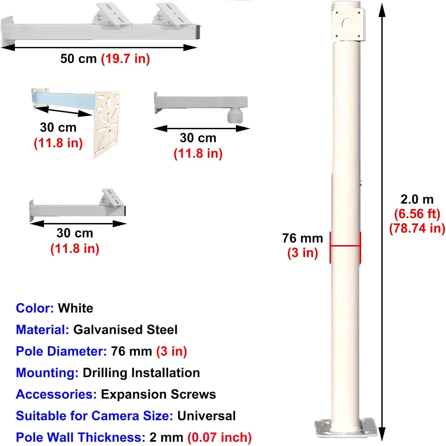 Universal Yard Security Camera Pole for 4 Cameras, Adjustable 2.0m to 6.0m, Durable Surveillance Mount with 4 Arms for Enhanced Outdoor Monitoring