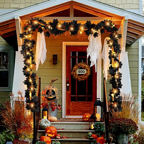 Image of 2 Pcs Black Leaf Garland with Yellow Lights, 11.8FT | Halloween Artificial Hanging Fall Leave Vines, 20 LED, Fall Floral Garlands, Thanksgiving Decor for Home Wedding Party