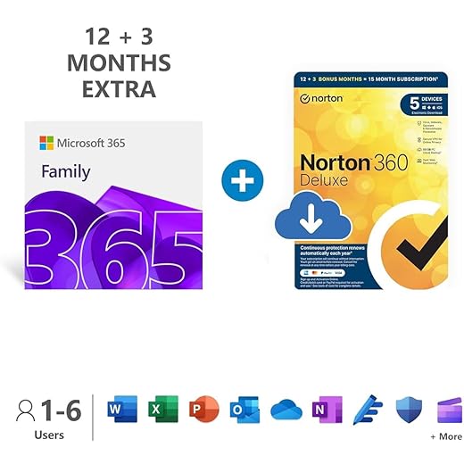 Microsoft 365 Family + Norton 360 Deluxe|15-Month Subscription | Up to 6 People|Word, Excel, PowerPoint|1TB OneDrive Cloud Storage|Advanced Online Security|PC/Mac Instant Download|Activation Required